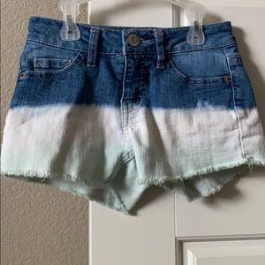 Kids fading dark blue, white, cyan denim shorts.